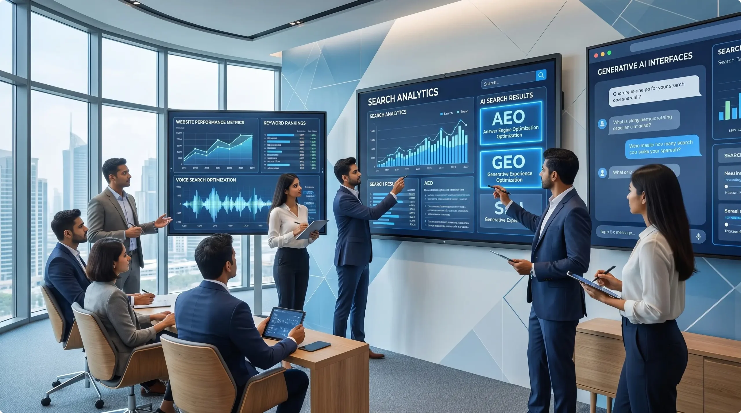 Indian-business-professionals-analyzing-SEO-AEO-and-GEO-strategies-to-improve-online-search-visibility-and-AI-search-performance